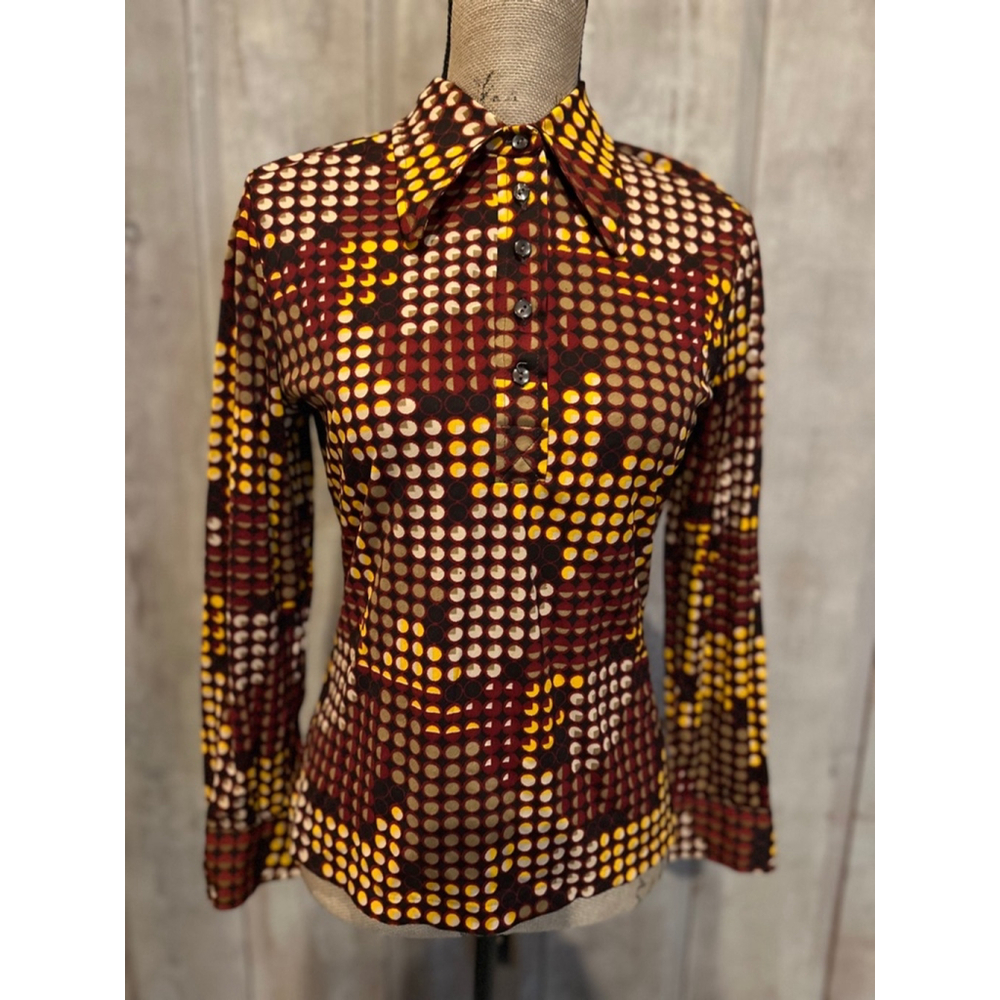 Vintage 70's Funky Retro Gold Red Polka Dot Butterfly Pointy Collar Shirt S/M